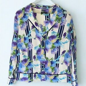 J. Crew Drapey button-up top and pull-on pants set in vintage floral stripe